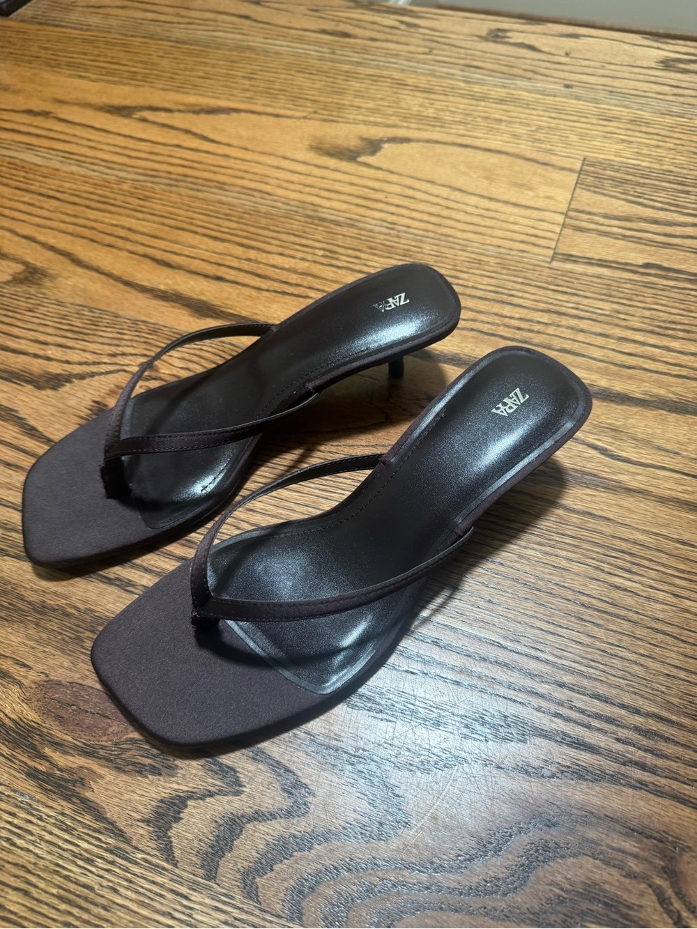 Zara Dark Brown Satin Kitten-Heel Thong Sandals - Picture 5 of 5